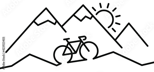 Racing bike or mountain biker. Nature tourism in the mountains, travel, adventure concept. Cartoon cycling line pattern icon. Sports symbol. Cycle, bicycle logo. Cyclist on holliday, vacation. Sun