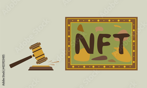 Concept of selling non-fungible token at auction. Unique paintings is up for auction. NFT. Technology. Vector