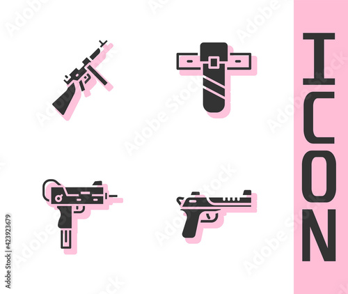 Set Desert eagle gun, Tommy, UZI submachine and Knife holster icon. Vector