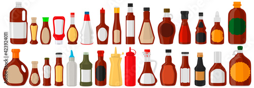 Illustration on theme big kit varied glass bottles filled liquid sauce ketchup