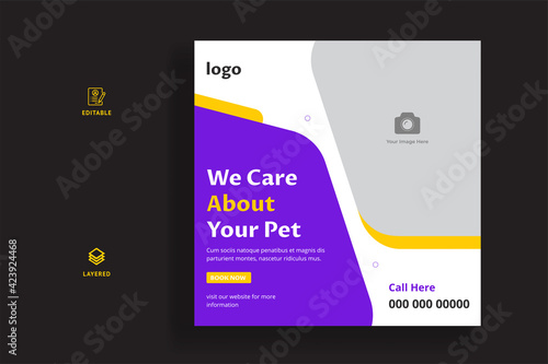 Pet care social media banner or web banner template. Pet care service promotional banner. Pet shop bundle stories, pet your grooming wellness, square flyer design template