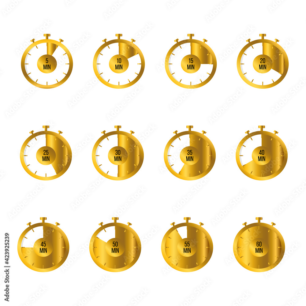 Set of gold minute timers. Vector timers in golden gradient with black text isolated on white background. Set of gold minute timers. Vector timers in golden gradient with black text isolated on white background.