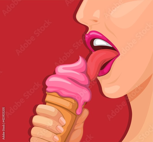 girl mouth eating ice cream cone symbol concept cartoon illustration vector 