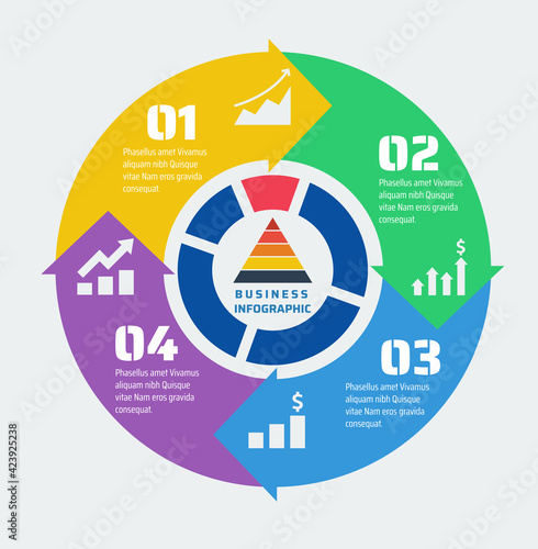 Circle with arrow infographic template for financial business with growth icons with pyramid in the center and four steps process