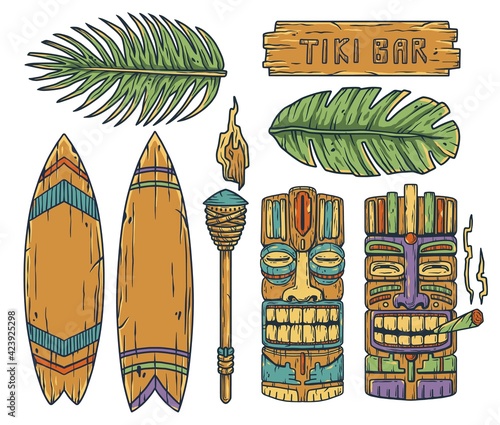 Set of trendy hawaii wooden tiki mask with joint for surfing bar. Traditional ethnic idol and surf of hawaiian, maori or polynesian. Old tribal totem torch