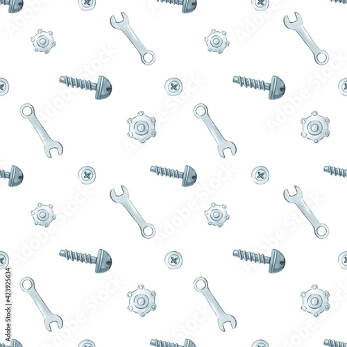 Watercolor gray screwdriver, screw,spanner, gear on white background. Cute watercolour illustration for children.
