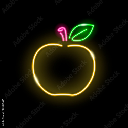 Neon apple icon isolated on black background. Vitamin, health food, fresh juice concept for logo, banner. Vector 10 EPS illustration.