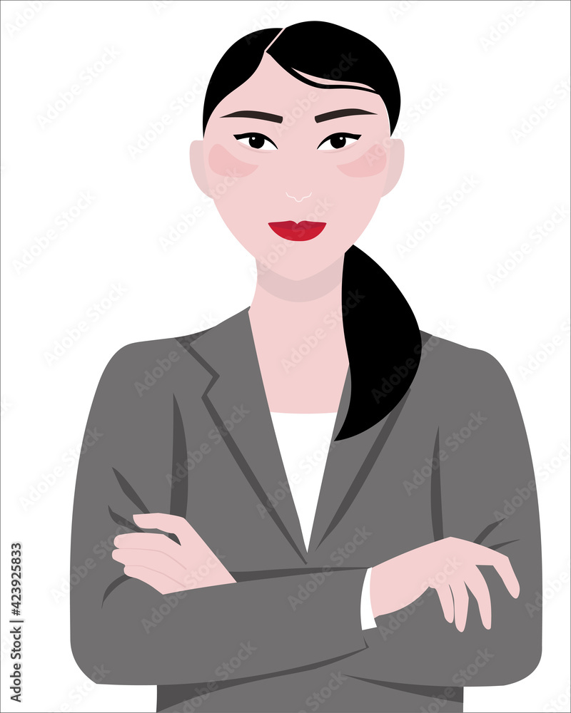 An attractive young woman, usually Japanese, Asian, brunette in a business suit with crossed arms. Portrait of female. Vector graphics. An attractive young woman, usually Japanese, Asian, brunette in a business suit with crossed arms. Portrait of female. Vector graphics.