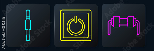 Set line Audio jack, Resistor electricity and Electric light switch. Black square button. Vector