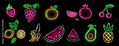 Set of neon fruit icons isolated on black background: apple, watermelon, banana, pineapple, avocado, cherry, strawberry, garnet, grape. Summer, vitamin, health food, vegetarian concept. Vector 10 EPS.