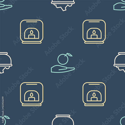 Set line Sea salt in a bowl, Aroma lamp and Apple hand on seamless pattern. Vector