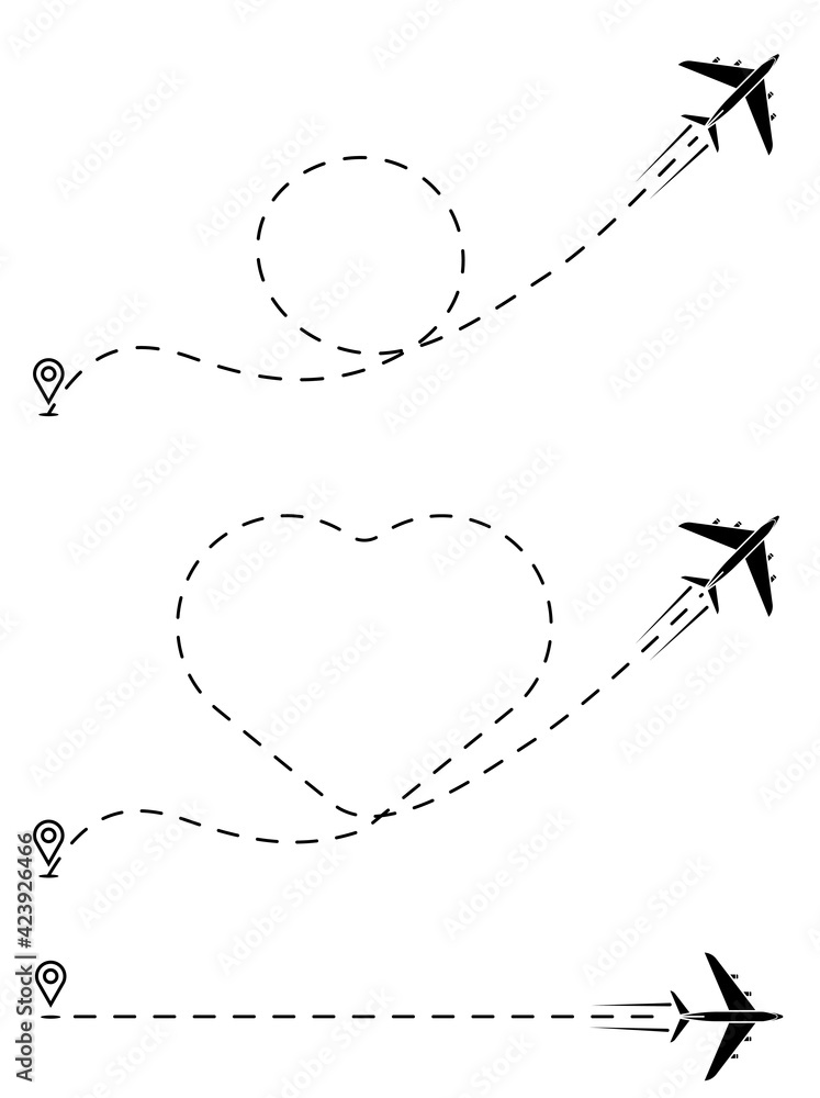 civil aircraft icon with dotted trail of movement along route. Airplane symbol for website. Vector in flat style civil aircraft icon with dotted trail of movement along route. Airplane symbol for website. Vector in flat style