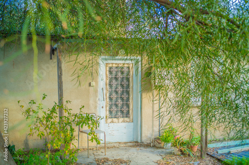 樹木に覆われた古い家のドア、キプロスより。