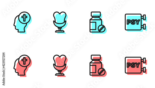 Set line Sedative pills, Man graves funeral sorrow, Armchair and Psychology, Psi icon. Vector