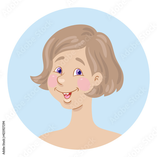 Avatar icon of a happy young girl with short hair. In the blue circle. In cartoon style. Isolated on white background. Vector flat illustration