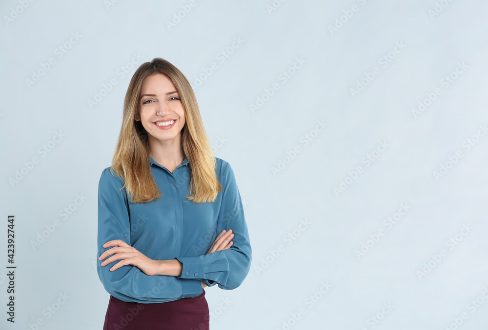 Portrait of beautiful young businesswoman on white background. Space for text Portrait of beautiful young businesswoman on white background. Space for text