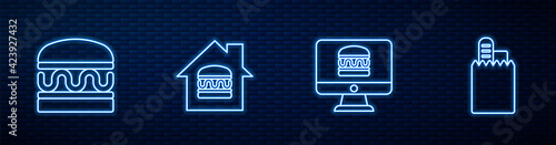 Set line Online ordering and delivery, Burger, and . Glowing neon icon on brick wall. Vector