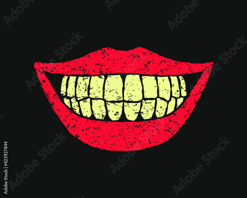 Smiling mouth vector illustration with grunge texture. Facial expression sketch. Smile and smear or joke logo. Laugh symbol. dental sign. Lips and teeth ink style drawing.