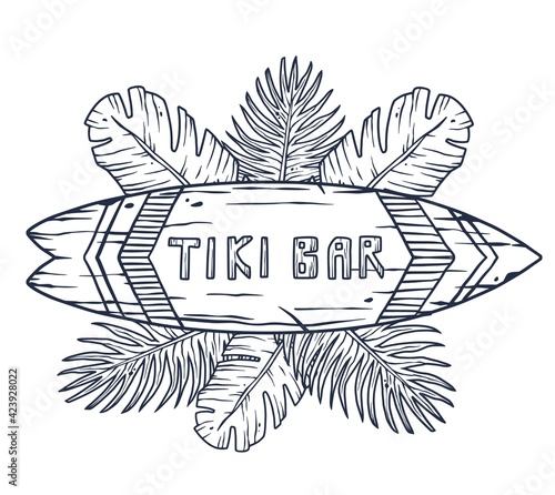 Design of trendy hawaii surf for tiki bar. Traditional ethnic surfing of hawaiian, maori or polynesian. Old tribal board
