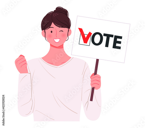 A young woman is holding a picket encouraging voting. Election concept personage vector illustration.