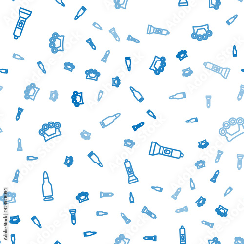 Set line Bullet, Flashlight and Brass knuckles on seamless pattern. Vector