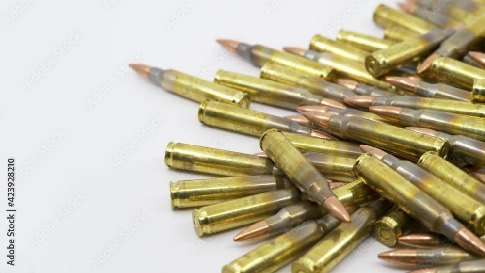 Close Up of Rifle 5.56 Reloaded Ammunition Left Justified Rotating Close Up of Rifle 5.56 Reloaded Ammunition Left Justified Rotating