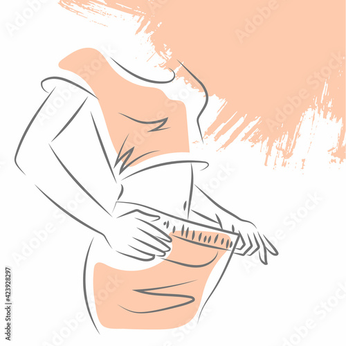 The body of a woman in huge pants. Diet, fitness, weight loss. Hand-drawn vector outline illustration. Isolated on white.