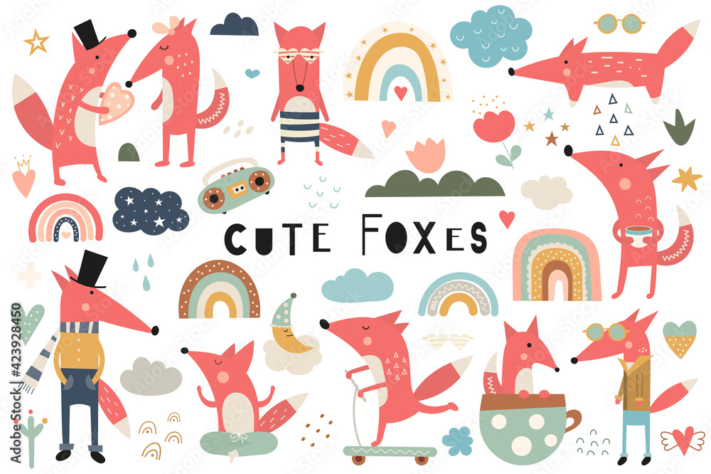 Cute fox clip art – boho set of cartoon foxes and graphic design elements.  Foxes, rainbow, hearts. Clipart isolated on white background. Vector illustration.