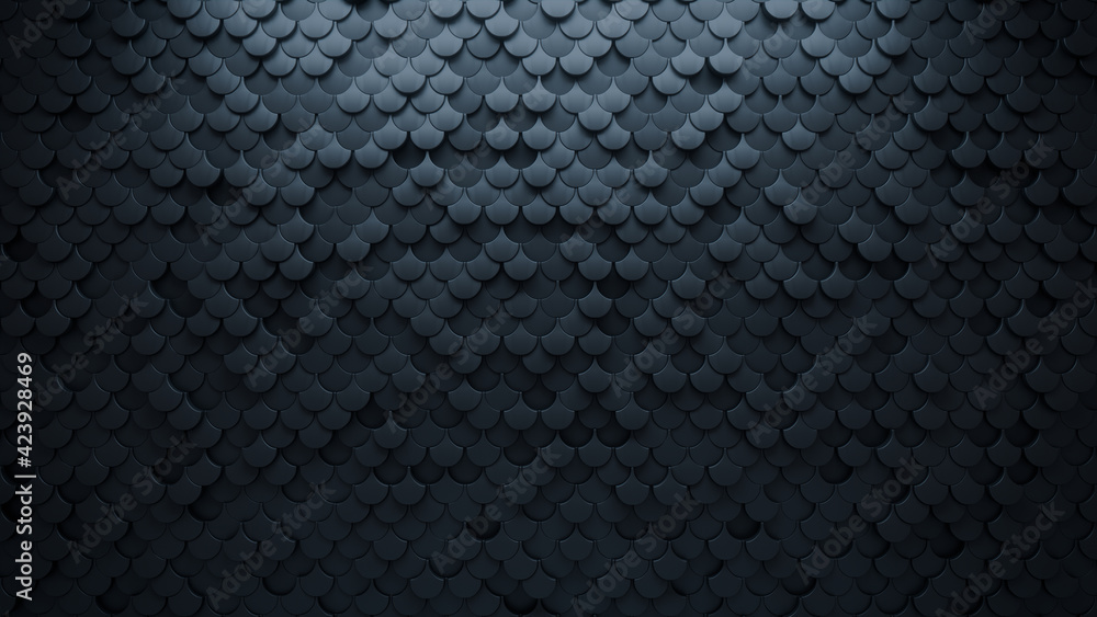 Futuristic, Dark 3D background, with a Fish Scale block structure. Wall texture with a 3D tile pattern. 3D Render Futuristic, Dark 3D background, with a Fish Scale block structure. Wall texture with a 3D tile pattern. 3D Render