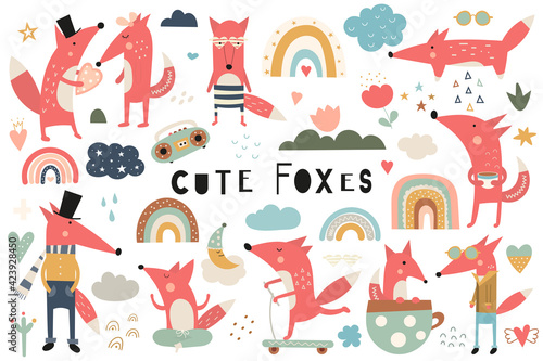 Cute fox clip art     boho set of cartoon foxes and graphic design elements.  Foxes  rainbow  hearts. Clipart isolated on white background. Vector illustration.