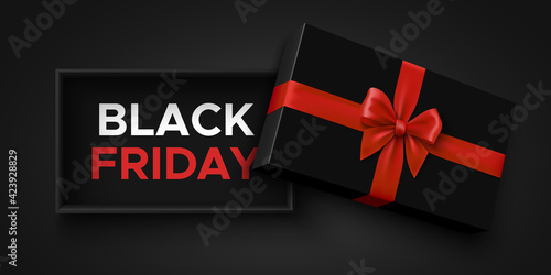 Black friday sale banner with open gift box and red bow. Package with ribbon. Vector illustration. © Albert999