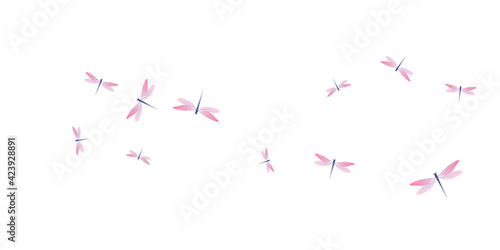 Fairy rosy pink dragonfly isolated vector illustration. Summer pretty damselflies. Fancy dragonfly isolated fantasy background. Delicate wings insects patten. Garden creatures