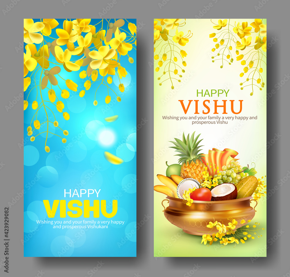Greeting banners with traditional pot (uruli) with fruits, mirror, textile and konna flowers (cassia fistula) - attribute for South Indian New Year festival Vishu (Vishukani). Vector set.