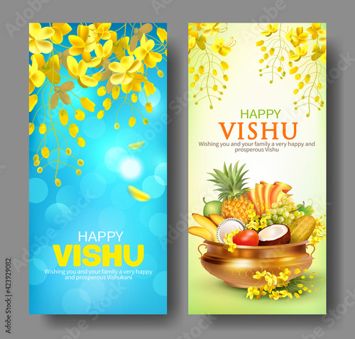 Greeting banners with traditional pot (uruli) with fruits, mirror, textile and konna flowers (cassia fistula) - attribute for South Indian New Year festival Vishu (Vishukani). Vector set.