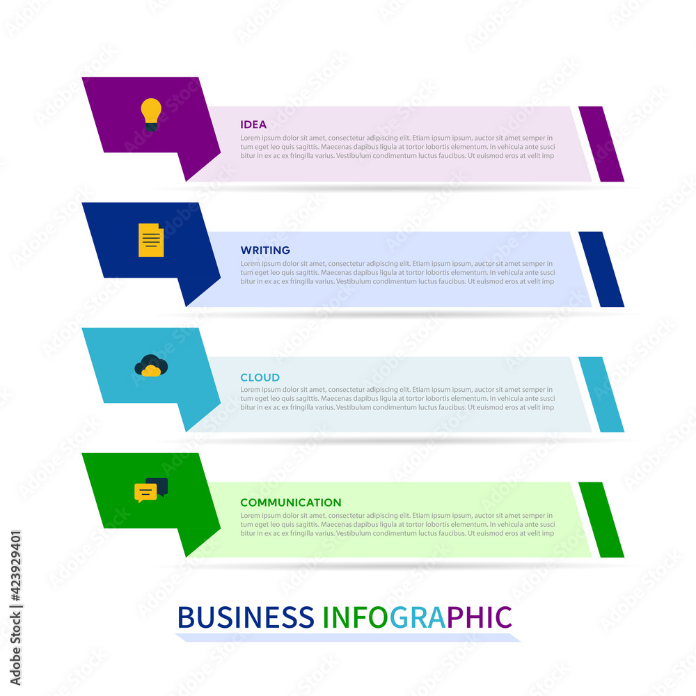 Infographic in four steps with icons for idea, notes cloud, chat in green, teal, blue and violet color