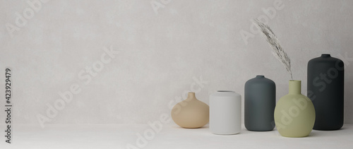 3D rendering, Home decor beige ceramics vases and pot in white background with copy space
