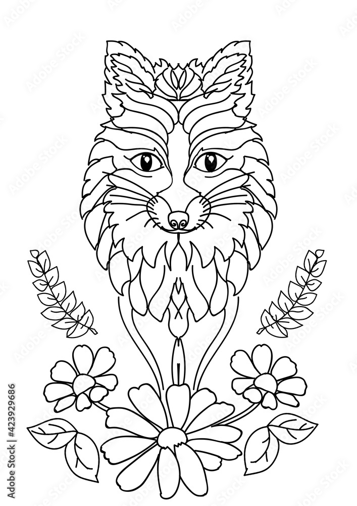 Wolf and flowers on white background, illustration. Coloring page