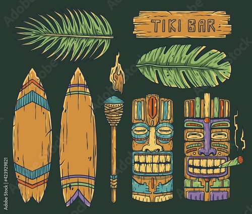 Set of trendy hawaii wooden tiki mask with joint for surfing bar. Traditional ethnic idol and surf of hawaiian, maori or polynesian. Old tribal totem torch