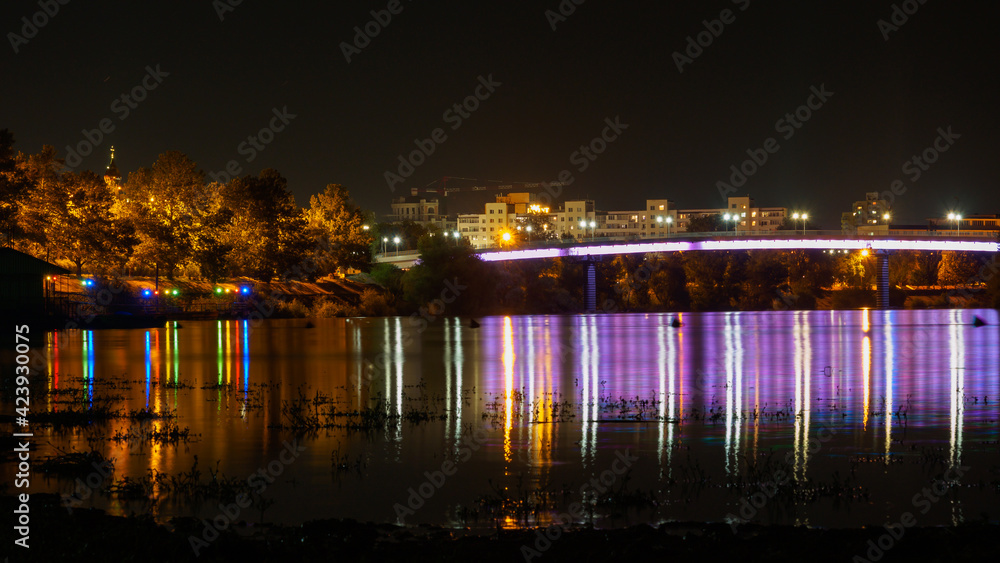 Night view of the colored bridge over the Dniester in Tiraspol, Transnistria (Moldova)