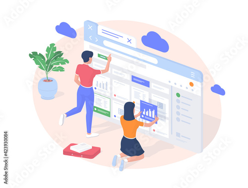 Developers go online to cloud storage realistic isometric. Female characters search and download relevant web information analyze statistics. Digital data management anywhere vector concept