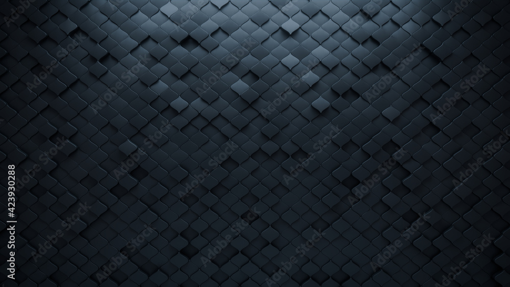 Futuristic, Dark 3D background, with an Arabesque block structure. Wall texture with a 3D tile pattern. 3D Render Futuristic, Dark 3D background, with an Arabesque block structure. Wall texture with a 3D tile pattern. 3D Render