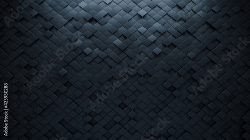 Futuristic, Dark 3D background, with an Arabesque block structure. Wall texture with a 3D tile pattern. 3D Render