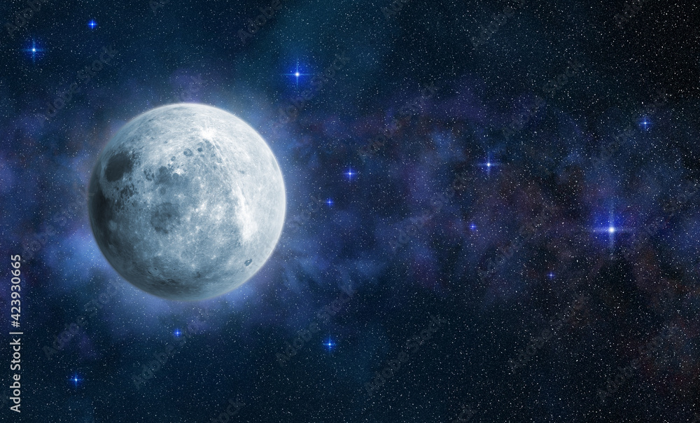 Bright full moon in blue starry sky. 3D illustration. Elements of this image furnished by NASA...