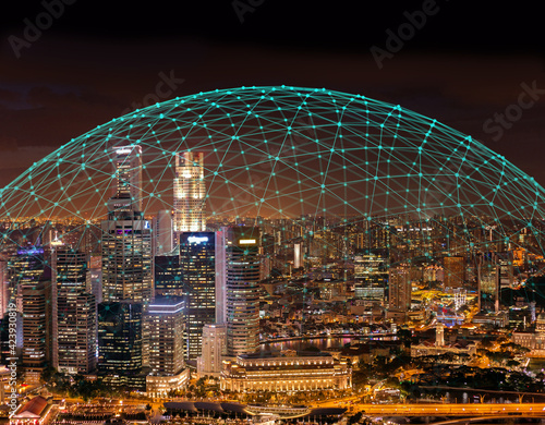 Fotografie, Tablou Communication connection network dome shaped above city skylilne at night