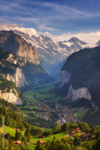 Lauterbrunnen valley in the Swiss Alps viewed from the alpine village of Wengen