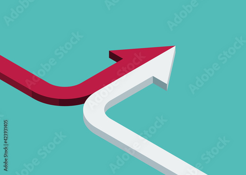 Bent isometric arrow of two red and white ones merging on turquoise blue background. Partnership, merger, alliance and joining concept. 3D illustration photo
