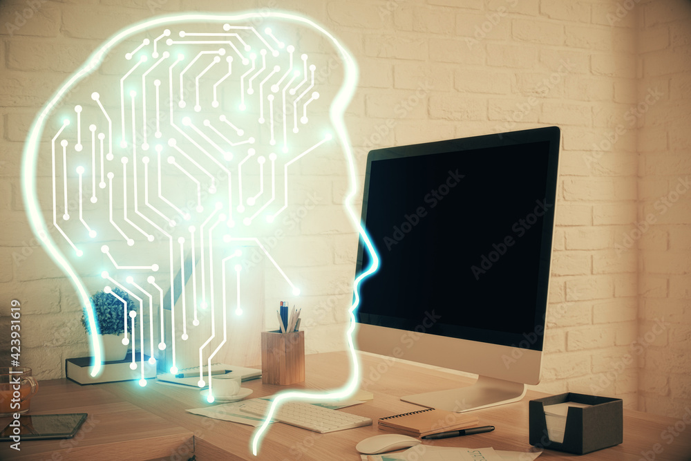 Double exposure of brain drawing and office interior background. Concept of data technology. Double exposure of brain drawing and office interior background. Concept of data technology.