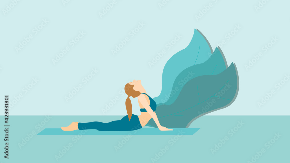 Sun salutation yoga posture in a digital illustration of sport woman on a blue isolated and conceptual background. Mindfulness Yoga Posture Concept 2021.