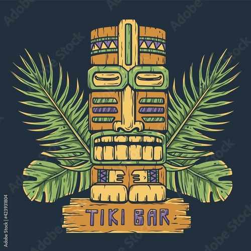 Design of trendy hawaii wooden tiki mask for surfing bar. Traditional ethnic idol and hawaiian surf, maori or polynesian. Old tribal totem