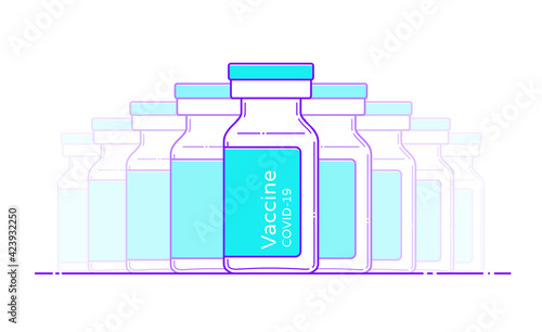 Covid vaccine bottle icon for medical design. Isolated vector illustration in flat style with outline. Injection vial template. Glass ampoules. Coronavirus vaccination
